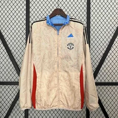 2024 Manchester United Blue&Beige Trench Coat Reversible Windbreaker Jacket Soccer