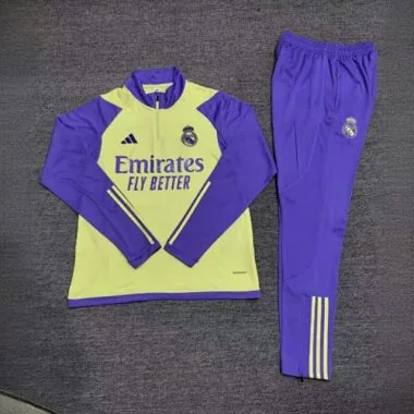 23-24 Real Madrid Adults And Kids Long Sleeve Kits Yellow Training Suits Cheap Jerseys
