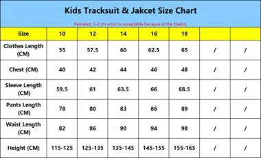 Kids Tracksuit Size Chart