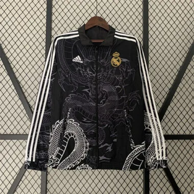 23-24 Real Madrid Trench Coat Reversible Dragon Windbreaker Black