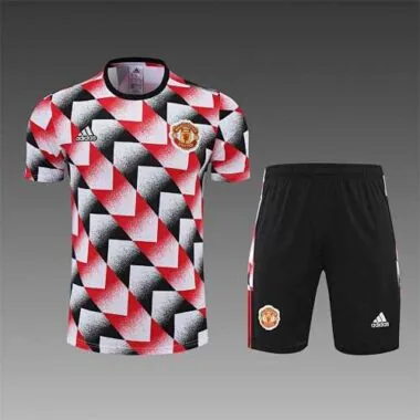 22-23 Manchester United training suit short sleeve kit red black and white color matching