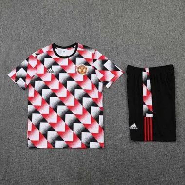 22-23 Manchester United training suit short sleeve kit red black and white color matching