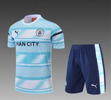 22-23 Manchester City Training Wear Short Sleeve Kit White and Blue Colorblock