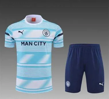 22-23 Manchester City Training Wear Short Sleeve Kit White and Blue Colorblock
