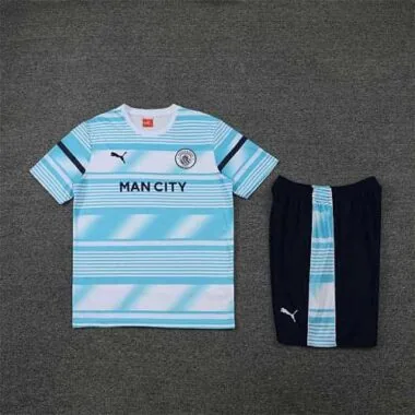 22-23 Manchester City Training Wear Short Sleeve Kit White and Blue Colorblock