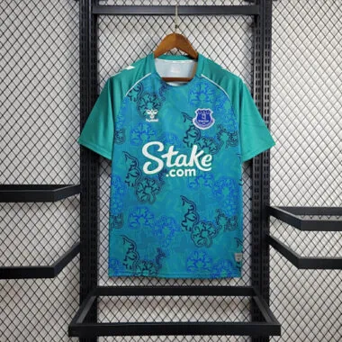 Camisolas de futebol Everton Hummel Edição Limitada 23-24, modelo Shamrock pré-jogo