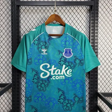 Camisolas de futebol Everton Hummel Edição Limitada 23-24, modelo Shamrock pré-jogo