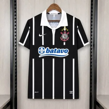 Corinthians 2009/10 Black White Striped Polo Collar Away Retro Jersey