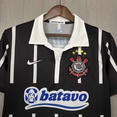 Corinthians 2009/10 Black White Striped Polo Collar Away Retro Jersey