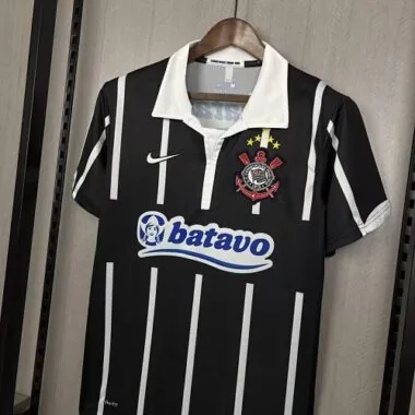 Corinthians 2009/10 Black White Striped Polo Collar Away Retro Jersey