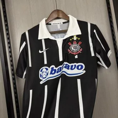 Corinthians 2009/10 Black White Striped Polo Collar Away Retro Jersey
