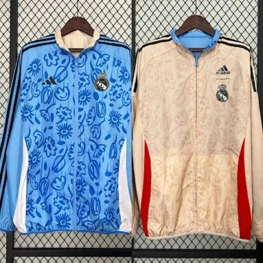 2024 Real Madrid Blue&Beige Trench Coat Reversible Windbreaker Jacket Soccer AAAAJersey Yupoo